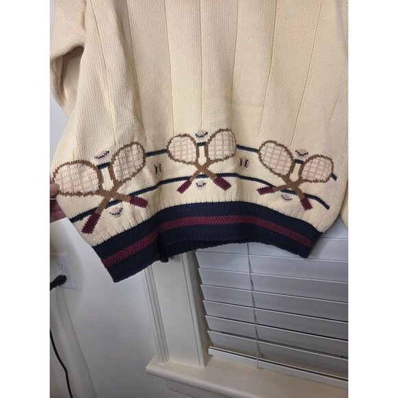 VTG Mens Tennis Sweater L Beige V-Neck Cotton Cable Knit Racket design Preppy - Picture 2 of 10
